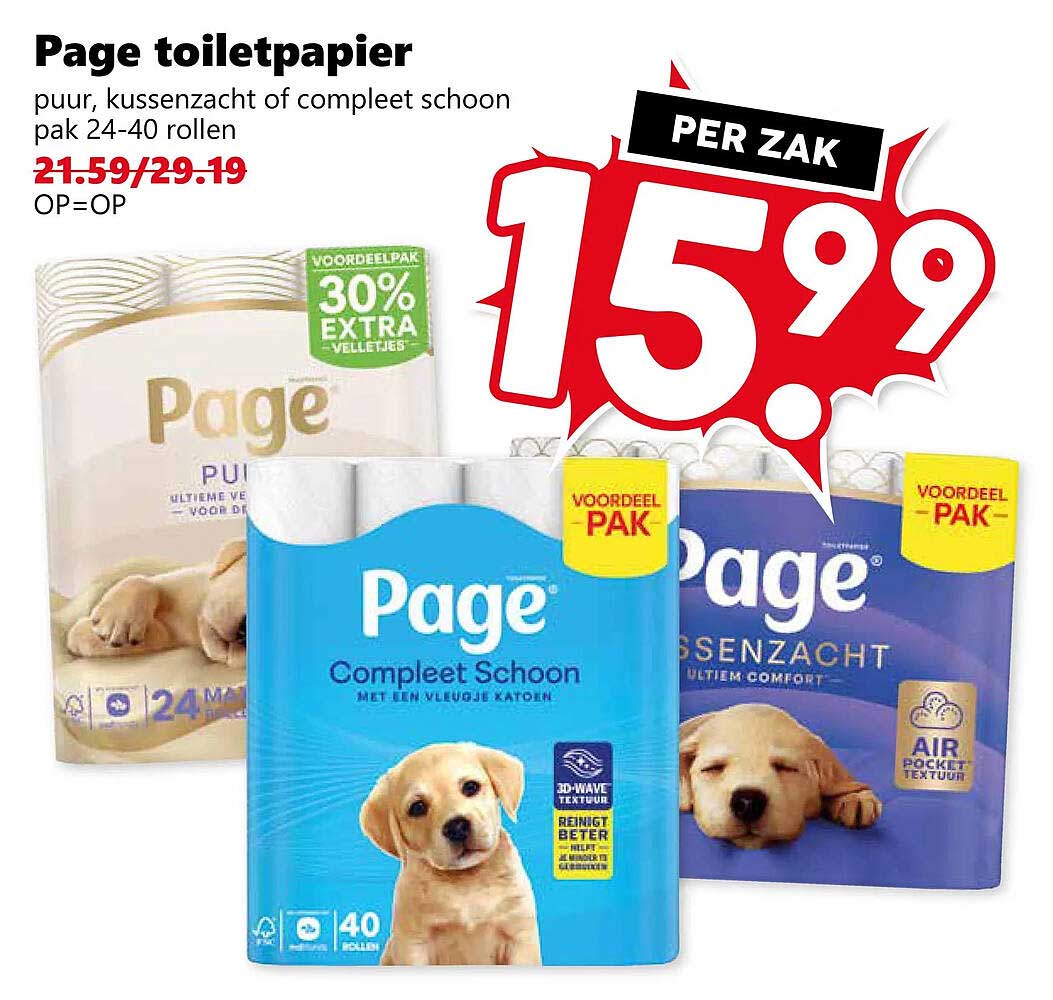 Page toiletpapier puur, kussenzacht of compleet schoon pak 24-40 rollen PER ZAK