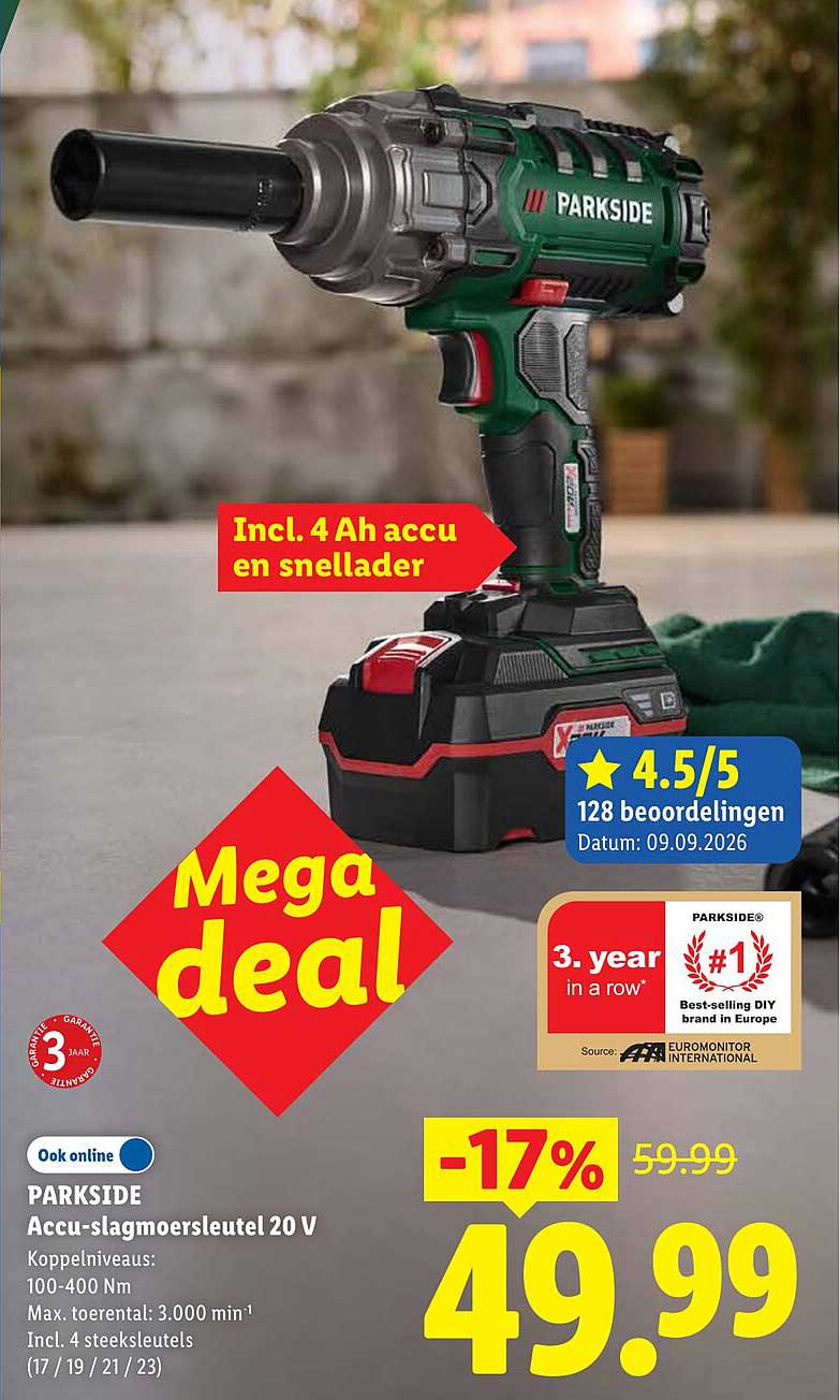 PARKSIDE Accu-slagmoersleutel 20 V Incl. 4 Ah accu en snellader