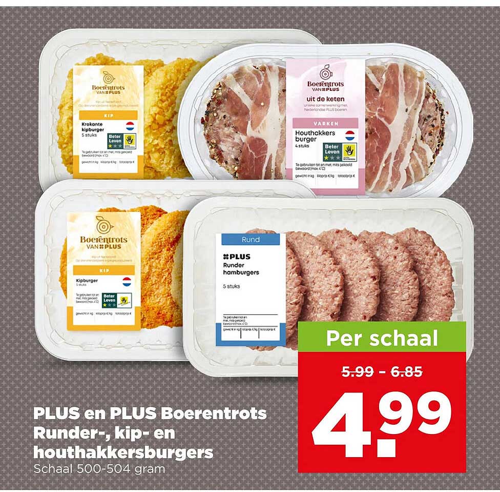 PLUS en PLUS Boerentrots Runder-, kip- en houthakkersburgers