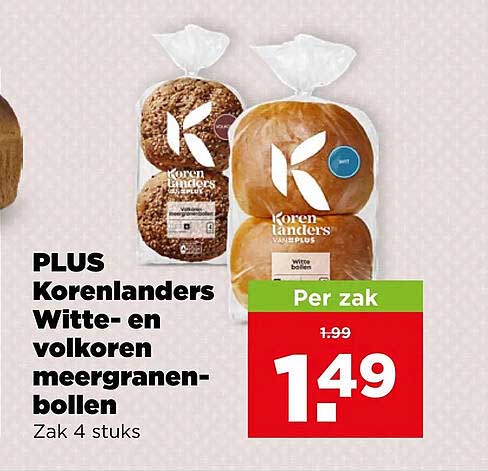 PLUS Korenlanders Witte- en volkoren meergranenbollen Zak 4 stuks
