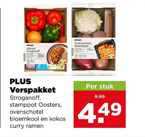 PLUS Verspakket Stroganoff, stamppot Oosters, ovenschootel bloemkool en kokos curry ramen