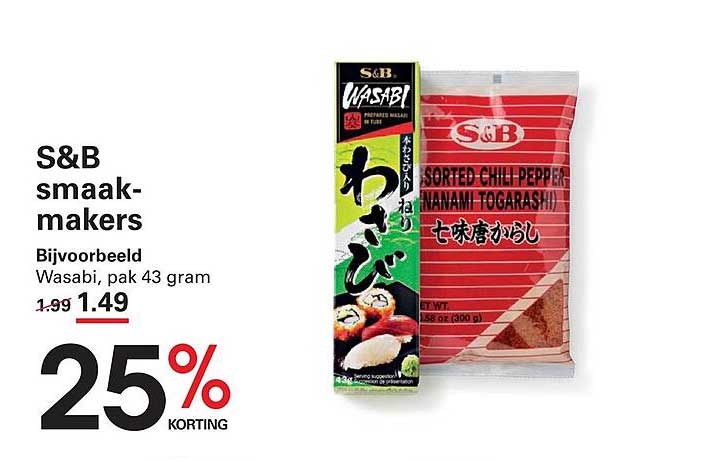 S&B smaakmakers Bijvoorbeeld Wasabi, pak 43 gram 25% KORTING