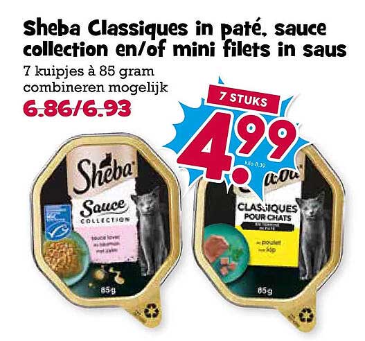 Sheba Classiques in pâté, sauce collection en/of mini filets in saus 7 stuks