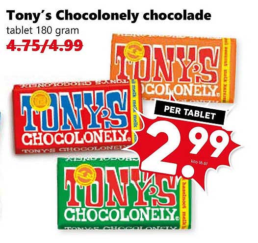 Tony’s Chocolonely chocolade tablet 180 gram PER TABLET
