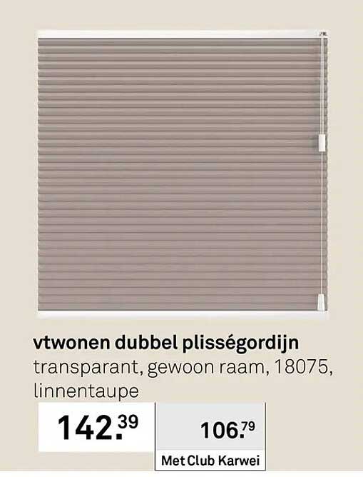 vtwonen dubbel plisségordijn transparant, gewoon raam, 18075, linnentaupe