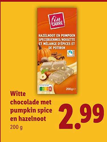 Witte chocolade met pumpkin spice en hazelnoot