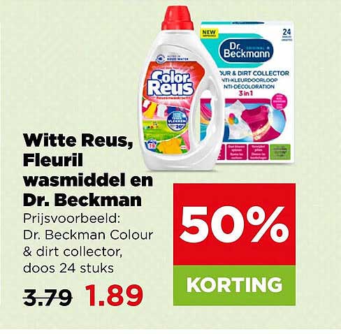 Witte Reus, Fleuril wasmiddel en Dr. Beckman Prijsvoorbeeld: Dr. Beckman Colour & dirt collector, doos 24 stuks 50% KORTING
