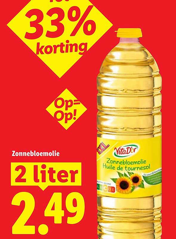 Zonnebloemolie 2 liter 33% korting Op=Op!