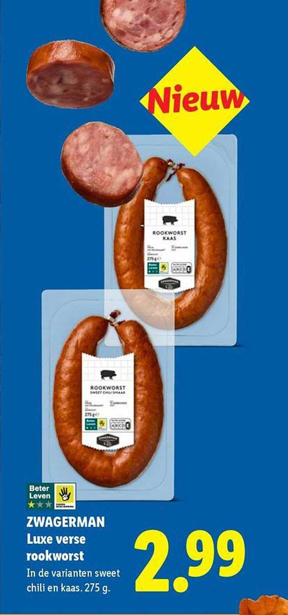 ZWAGERMAN Luxe verse rookworst In de varianten sweet chili en kaas, 275 g.
