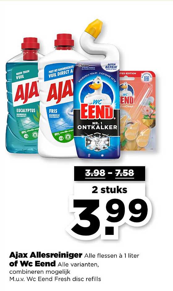 Ajax Allesreiniger Alle flessen à 1 liter of Wc Eend Alle varianten, combineren mogelijk M.u.v. Wc Eend Fresh disc refills