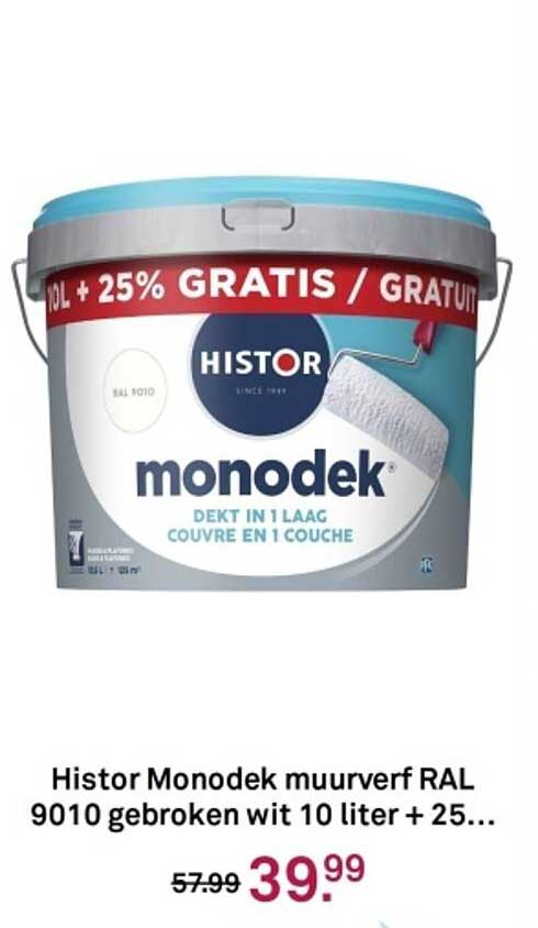 Histor Monodek muurverf RAL 9010 gebroken wit 10 liter + 25% gratis