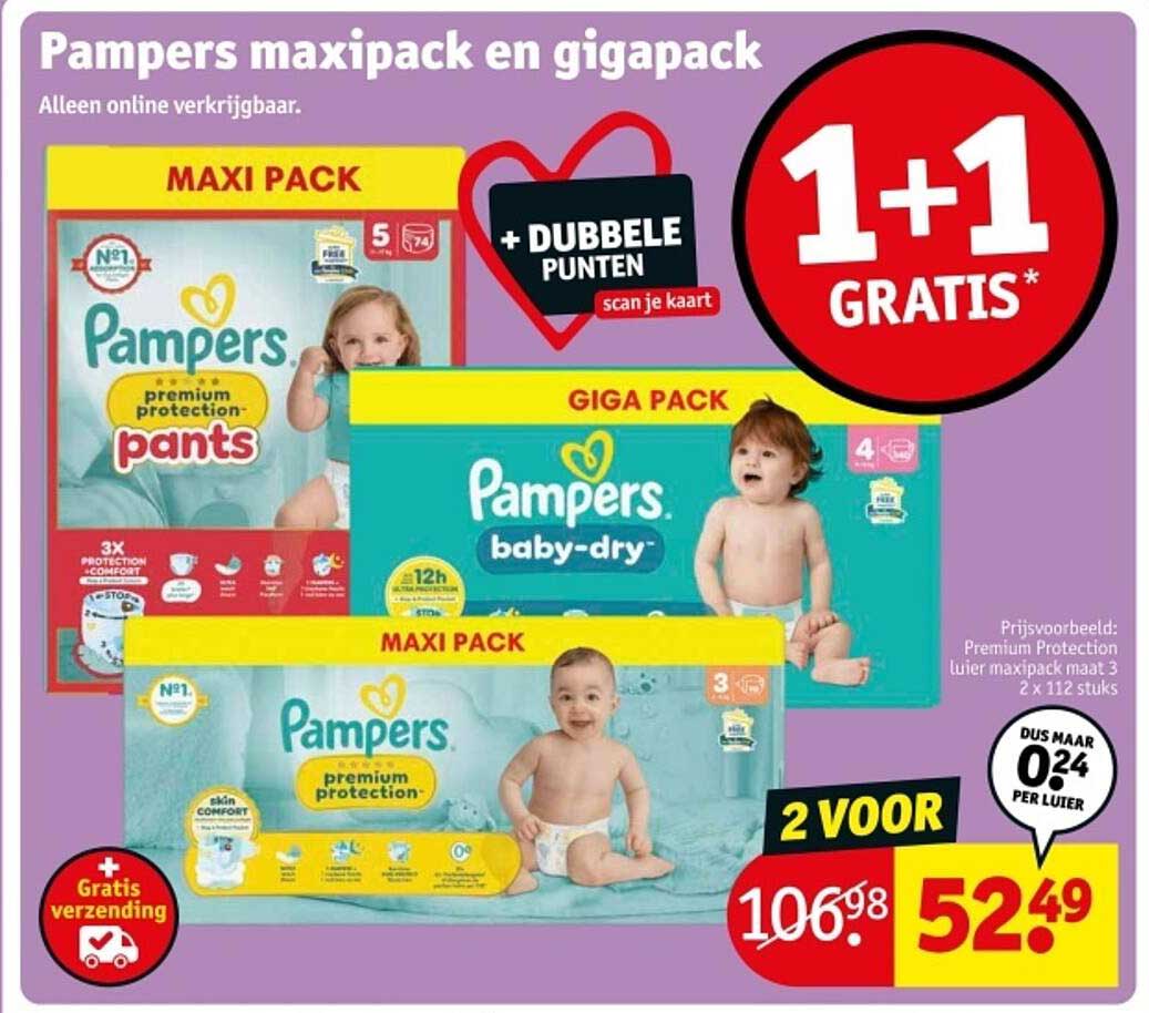 Pampers maxipack en gigapack 1+1 GRATIS