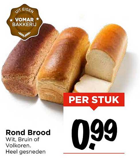 Rond Brood Wit, Bruin of Volkoren. Heel gesneden.