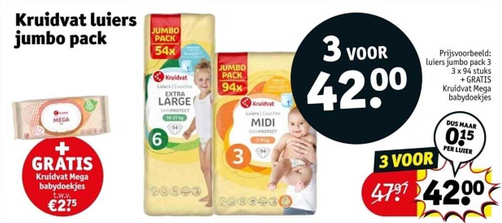 Kruidvat luiers jumbo pack 3 voor 42.00 + GRATIS Kruidvat Mega babydoekjes