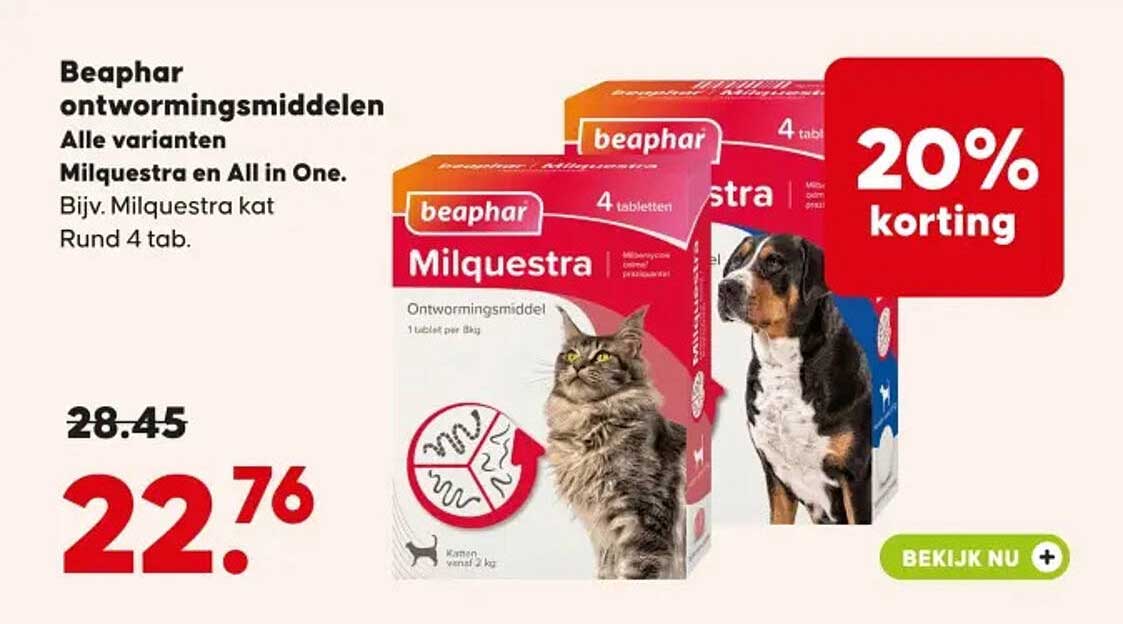 Beaphar ontwormingsmiddelen Alle varianten Milquestra en All in One. Bijv. Milquestra kat Rund 4 tab. 20% korting