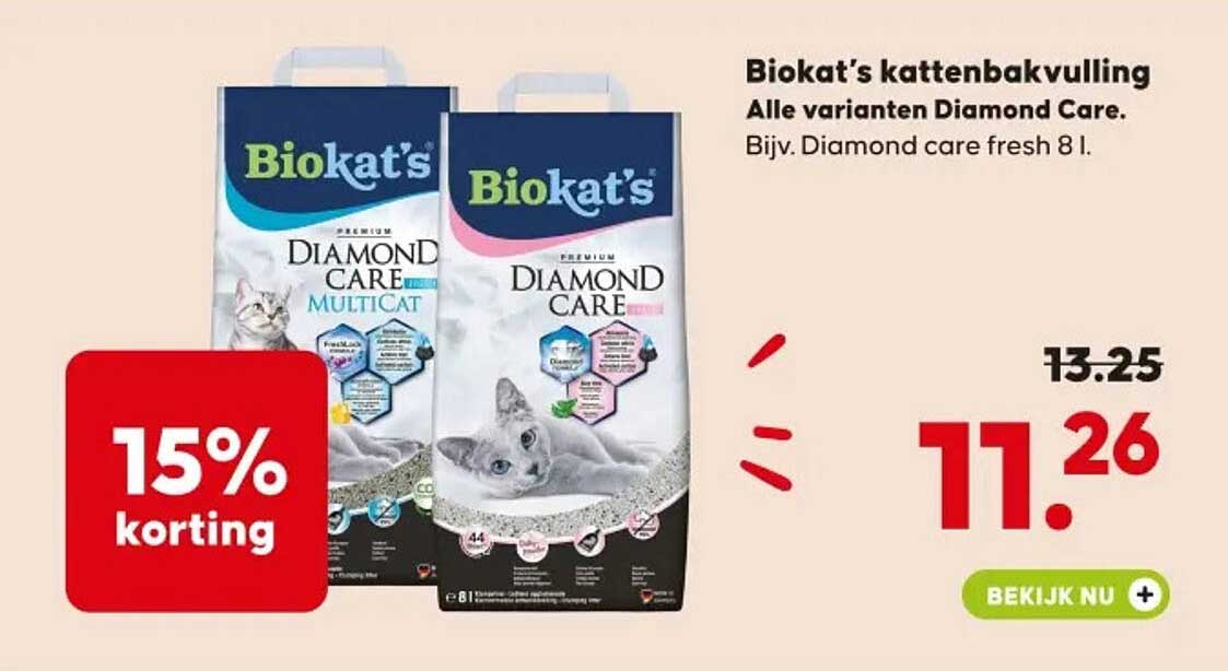 Biokat’s kattenbakvulling Alle varianten Diamond Care. Bijv. Diamond care fresh 8 l.
