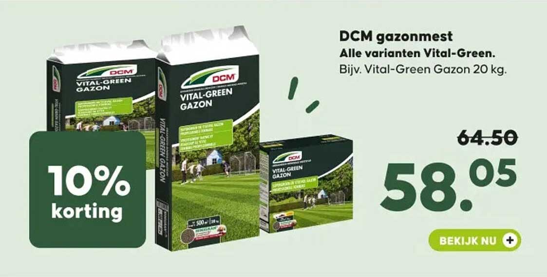DCM gazonmest Alle varianten Vital-Green. Bijv. Vital-Green Gazon 20 kg. 10% korting