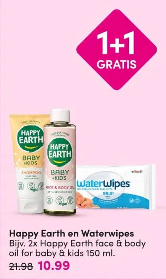Happy Earth en Waterwipes Bijv. 2x Happy Earth face & body oil for baby & kids 150 ml. 1+1 GRATIS