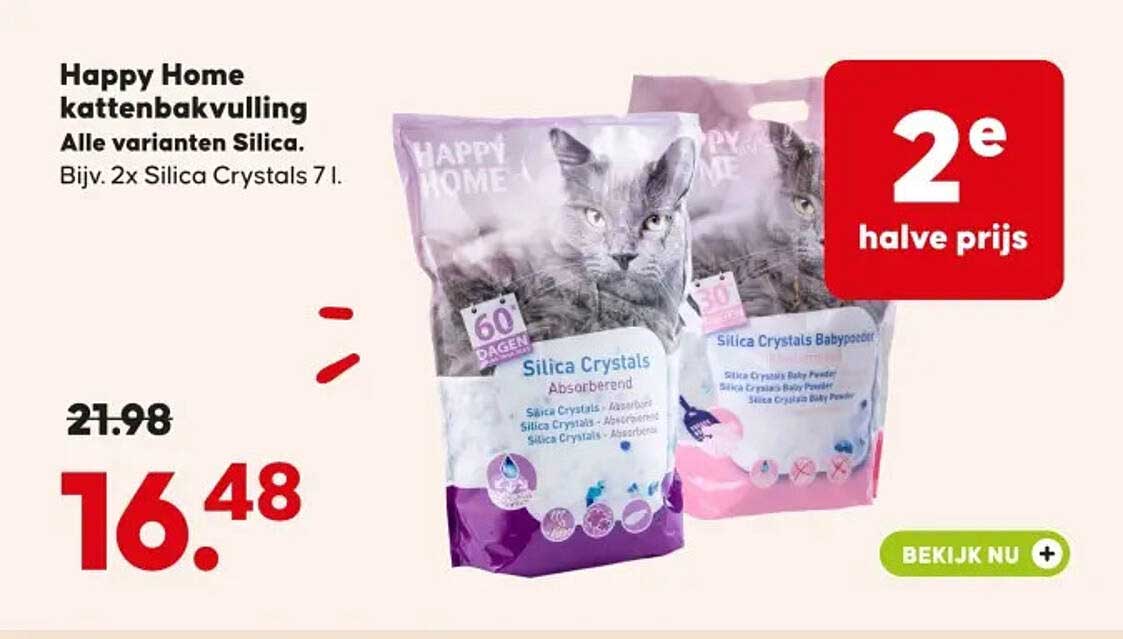 Happy Home kattenbakvulling Alle varianten Silica. Bijv. 2x Silica Crystals 7 l. 2e halve prijs