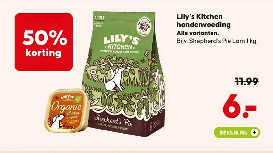 Lily’s Kitchen hondenvoeding Alle varianten. Bijv. Shepherd’s Pie Lam 1kg. 50% korting