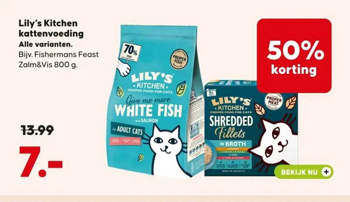Lily’s Kitchen kattenvoeding Alle varianten. Bijv. Fishermans Feast Zalm&Vis 800 g. 50% korting