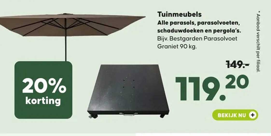 Tuinmeubels Alle parasols, parasolvoeten, schaduwdoeken en pergola's. Bijv. Bestgarden Parasolvoet Graniet 90 kg. 20% korting