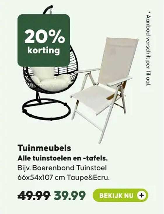 Tuinmeubels Alle tuinstoelen en -tafels. Bijv. Boerenbond Tuinstoel 66x54x107 cm Taupe&Ecru. 20% korting