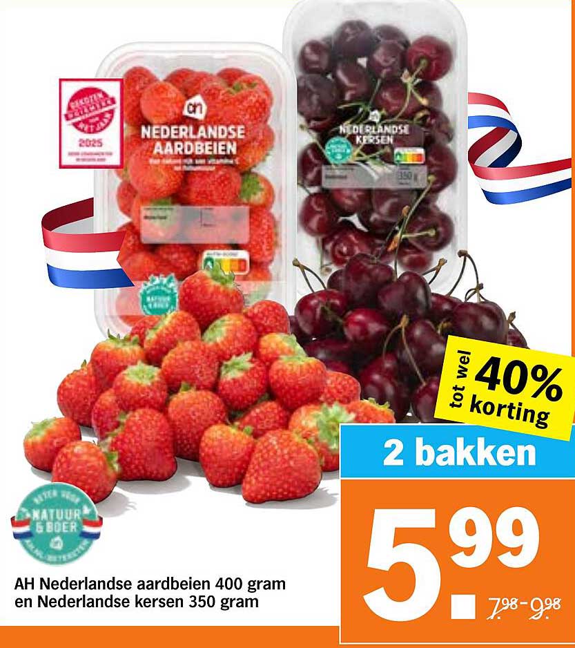 AH Nederlandse aardbeien 400 gram en Nederlandse kersen 350 gram