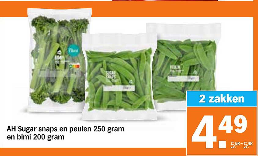 AH Sugar snaps en peulen 250 gram en bimi 200 gram