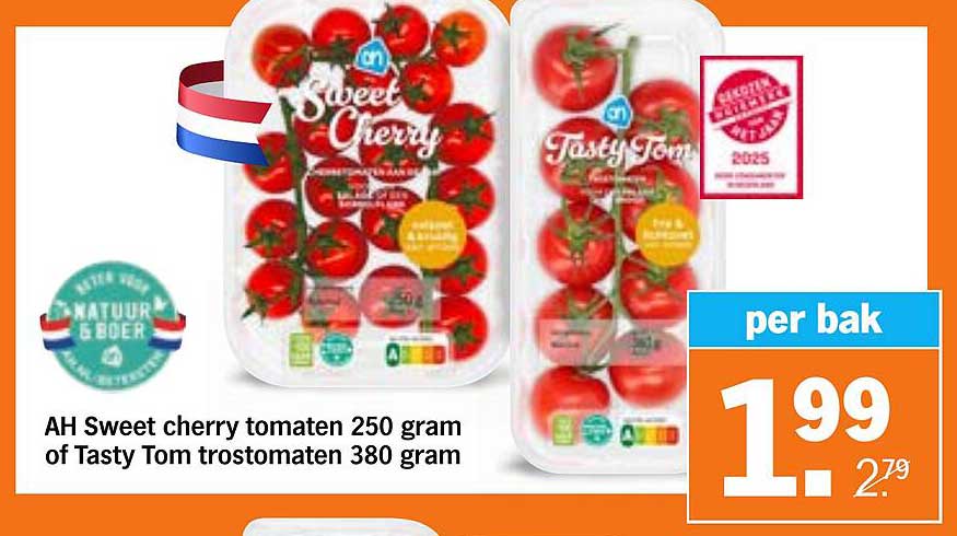 AH Sweet cherry tomaten 250 gram of Tasty Tom trostomaten 380 gram
