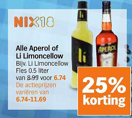 Alle Aperol of Li Limoncellow Bijv. Li Limoncellow Fles 0.5 liter van 8.99 voor 6.74