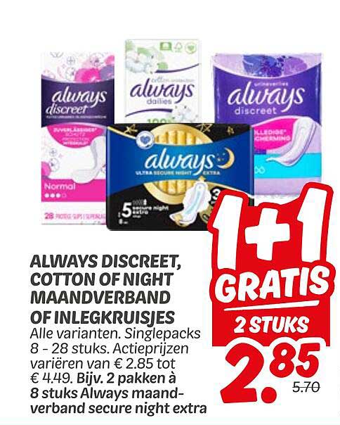 ALWAYS DISCREET, COTTON OF NIGHT MAANDVERBAND OF INLEGKRUISJES