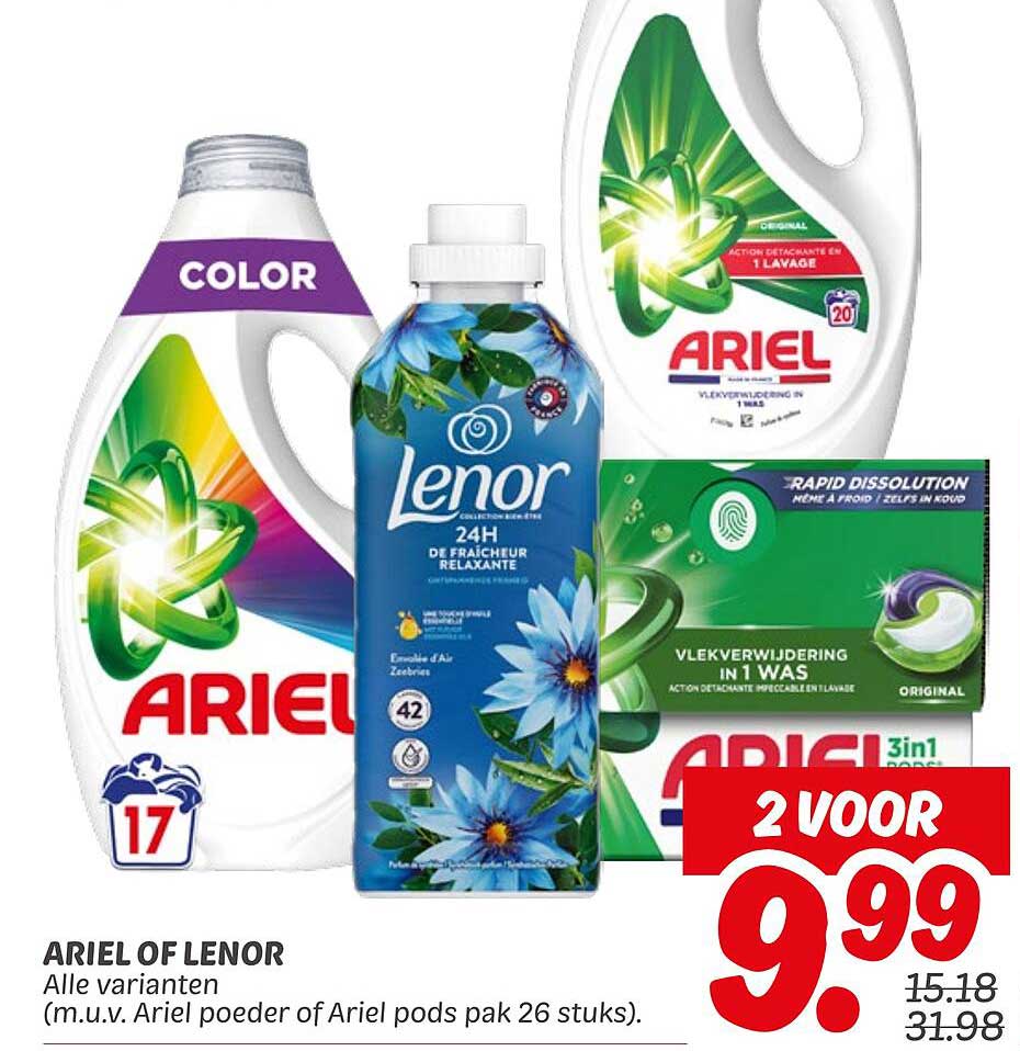 ARIEL OF LENOR Alle varianten (m.u.v. Ariel poeder of Ariel pods pak 26 stuks).