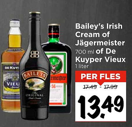 Bailey's Irish Cream of Jägermeister 700 ml of De Kuyper Vieux 1 liter