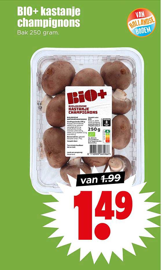 BIO+ kastanje champignons Bak 250 gram.