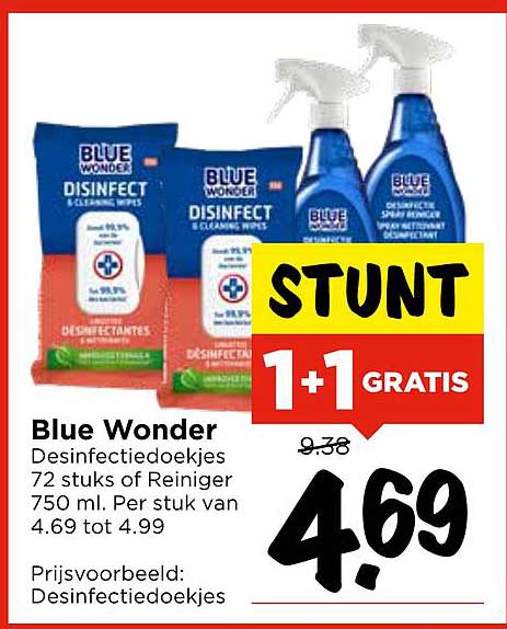 Blue Wonder Desinfectedoekjes 72 stuks van Reiniger 750 ml. Per stuk van 4.69 tot 4.99