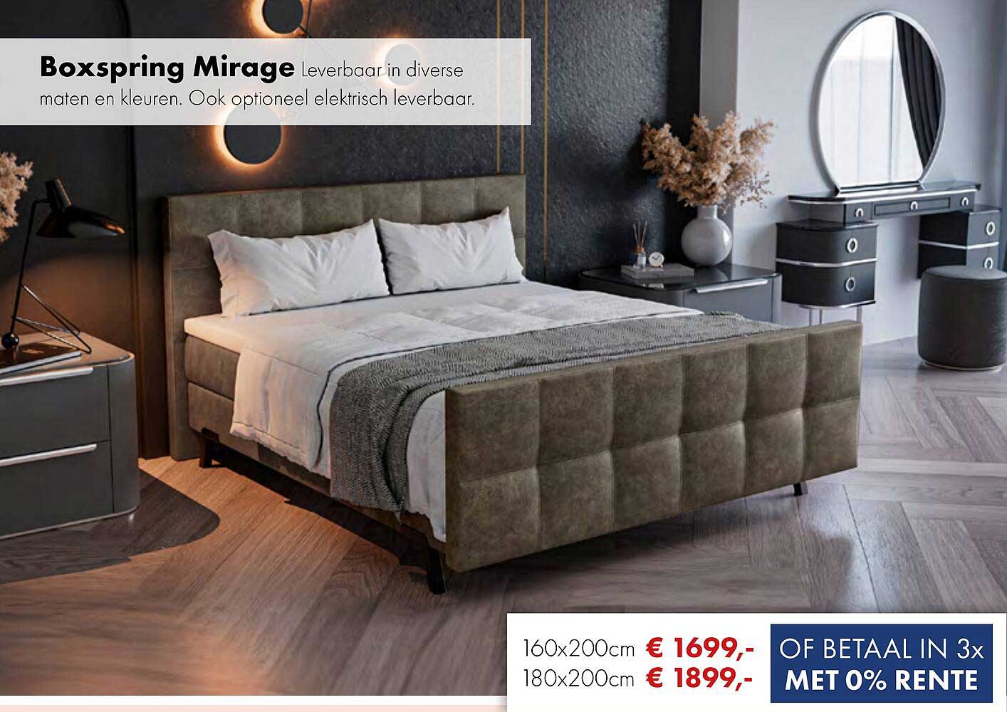 Boxspring Mirage Leverbaar in diverse maten en kleuren. Ook optioneel elektrisch leverbaar.
