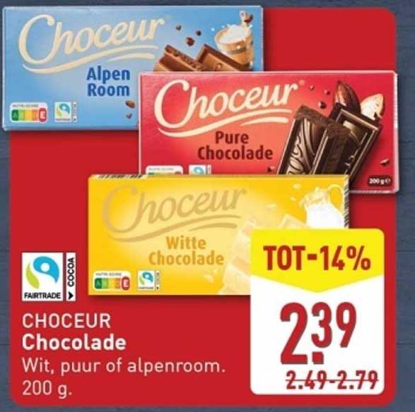CHOCEUR Chocolade Wit, puur of alpenroom. 200 g.