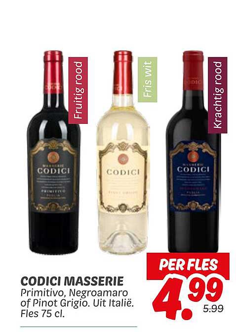 CODICI MASSERIE Primitivo, Negroamaro of Pinot Grigio. Uit Italië. Fles 75 cl.