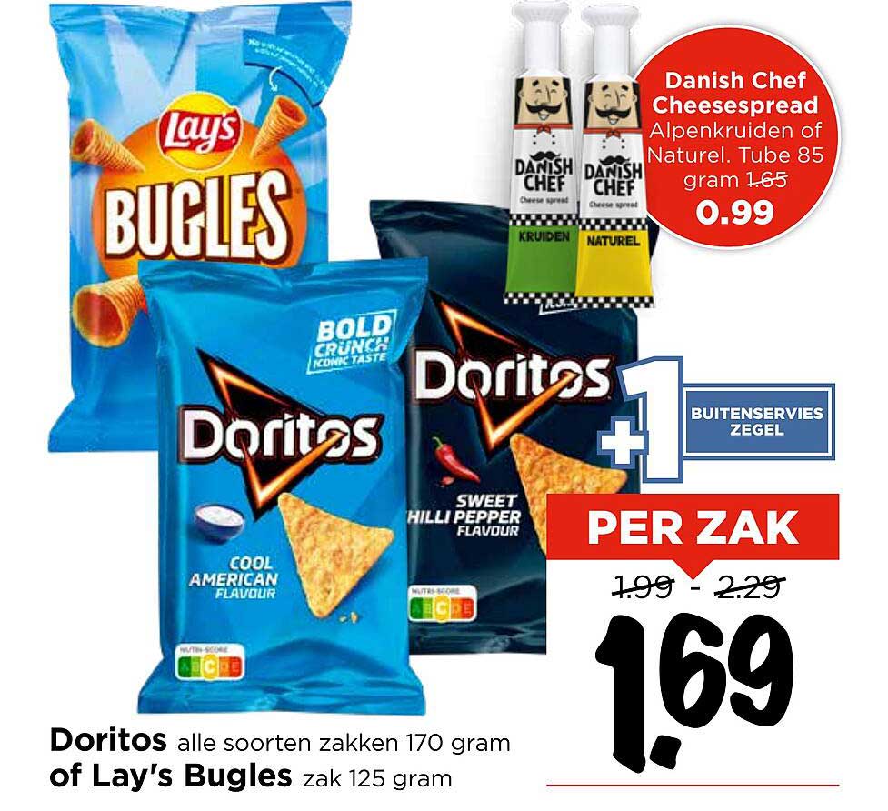Doritos alle soorten zakken 170 gram of Lay's Bugles zak 125 gram