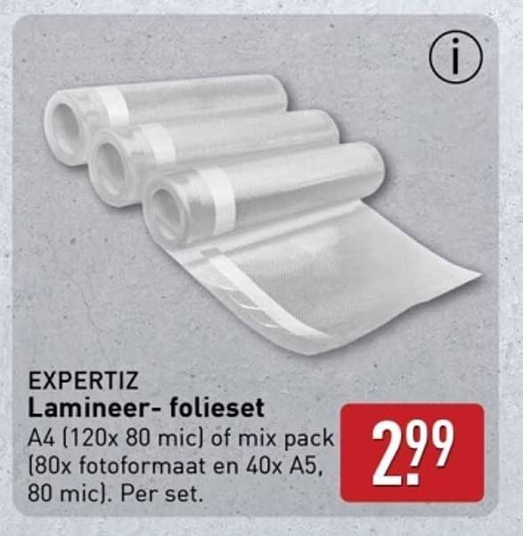 EXPERTIZ Lamineer- folieset A4 (120x 80 mic) of mix pack (80x fotformaat en 40x A5, 80 mic). Per set.