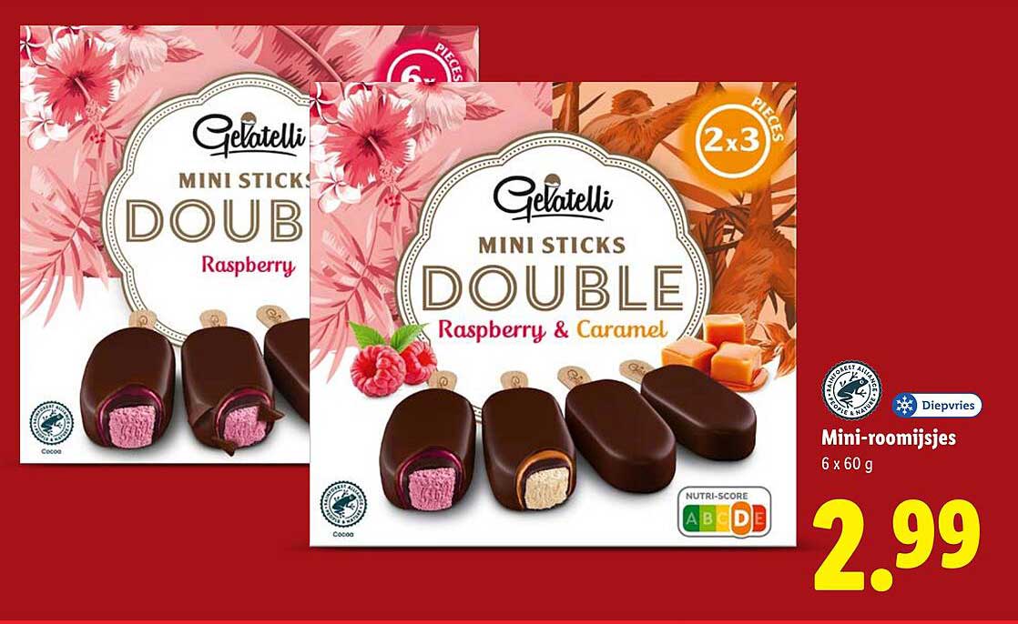 Gelatelli Mini Sticks Double 6 x 60 g - Raspberry & Caramel