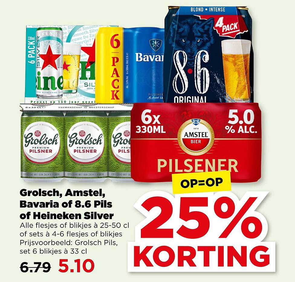 Grolsch, Amstel, Bavaria of 8.6 Pils of Heineken Silver