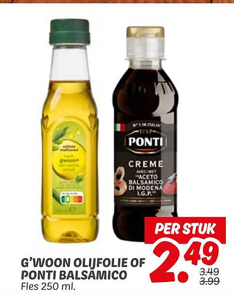 G'woon Olijfolie of Ponti Balsamico Fles 250 ml.