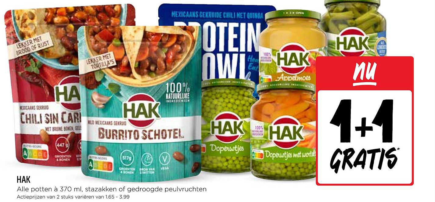 HAK 1+1 GRATIS op alle potten à 370 ml, stazakken of gedroogde peulvruchten