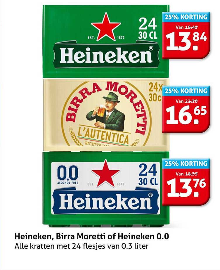 Heineken, Birra Moretti of Heineken 0.0 - Alle kratten met 24 flesjes van 0.3 liter