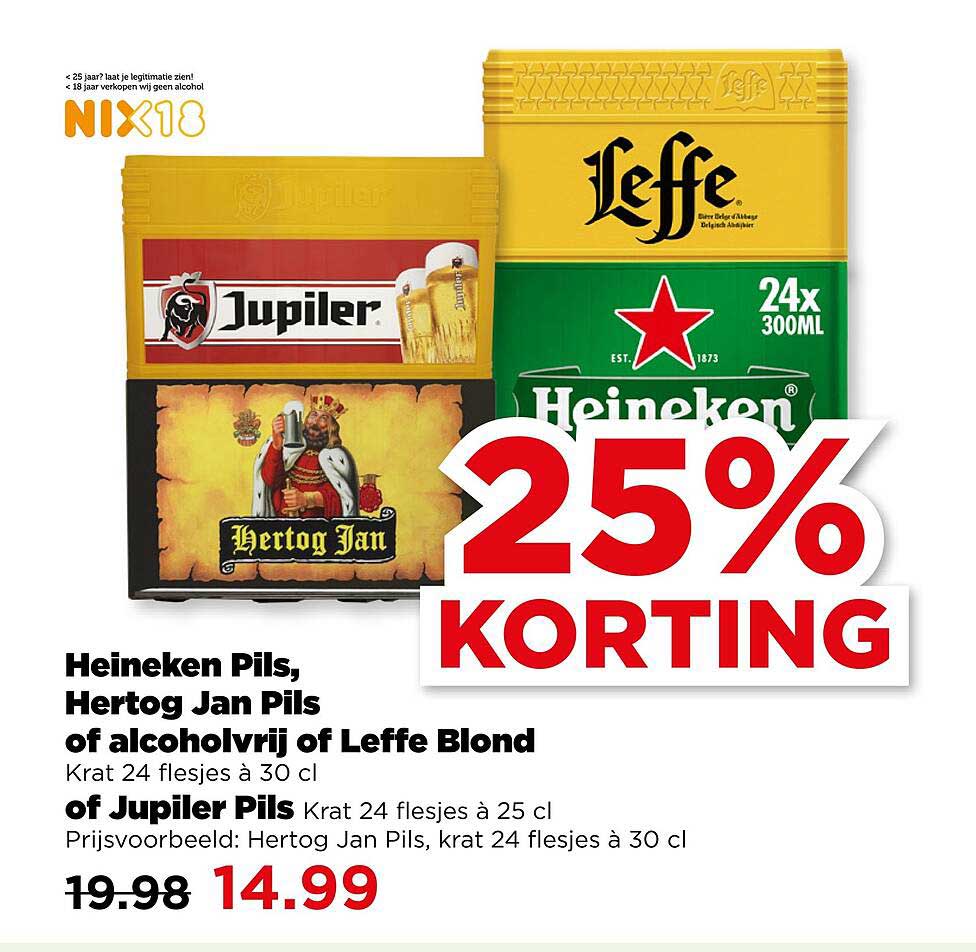 Heineken Pils, Hertog Jan Pils of alcoholvrij Leffe Blond