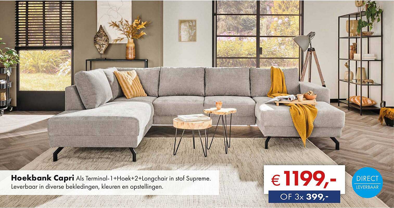 Hoekbank Capri Als Terminal-1+Hoek+2+Longchair in stof Supreme.