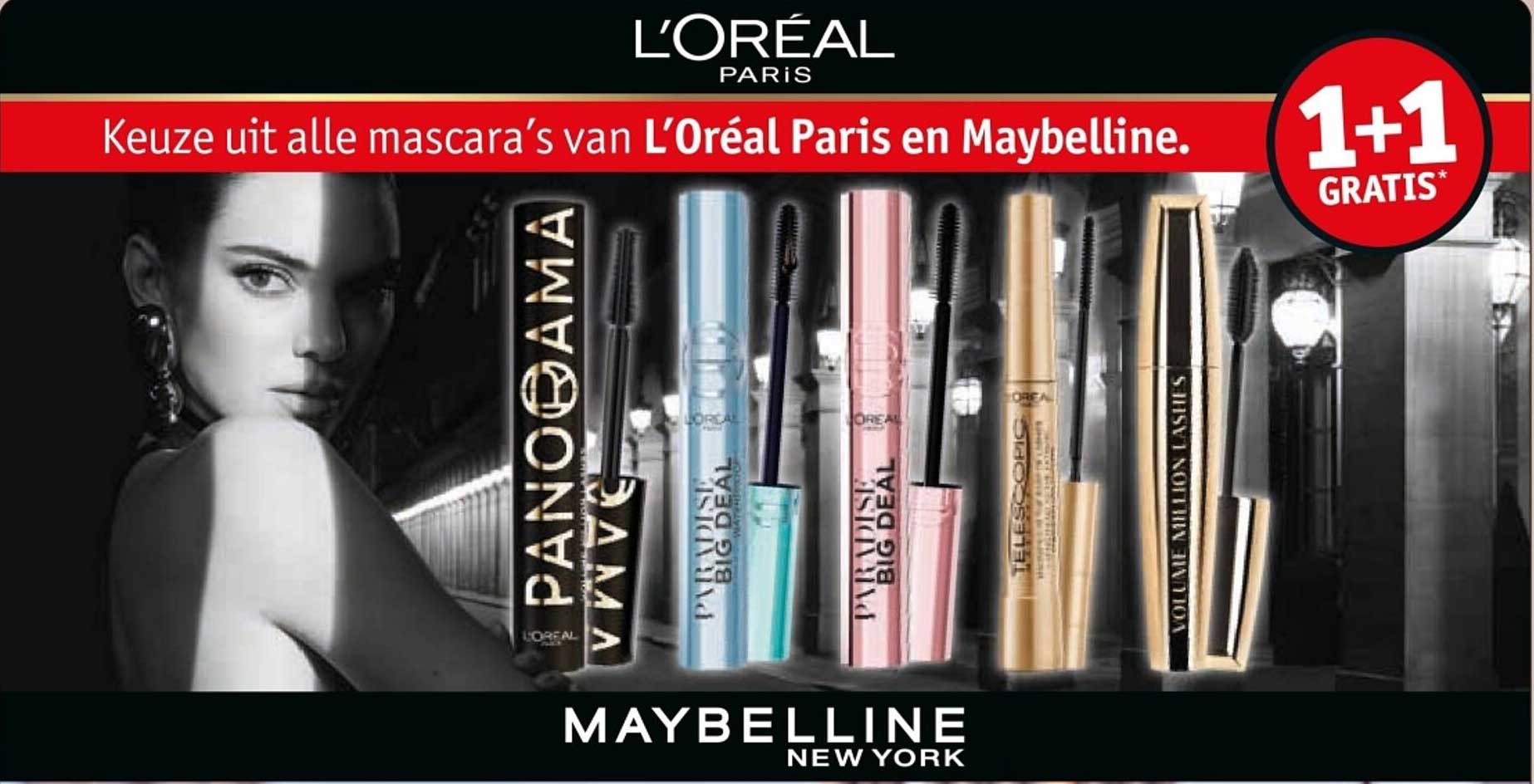 Keuze uit alle mascara’s van L’Oréal Paris en Maybelline. 1+1 GRATIS*