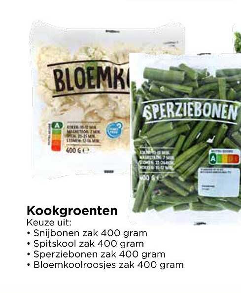 Kookgroenten keuze uit: Snijbonen zak 400 gram, Spitskool zak 400 gram, Sperziebonen zak 400 gram, Bloemkoolroosjes zak 400 gram